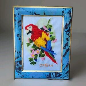 Vintage 1970s Framed Crewel Embroidery Parrot in the Blossoms Sunset Designs 9x7